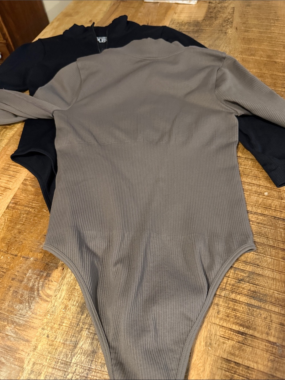 Women’s  Long-Sleeve Ribbed Half-Zip Bodysuit - Black and Khaki 2 in set. - Picture 5 of 5